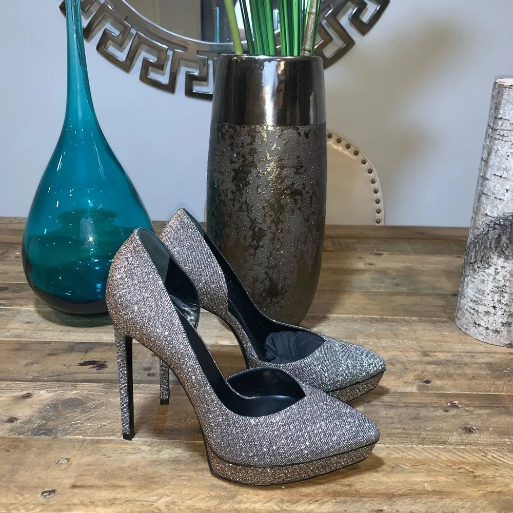 Saint Laurent Silver Glitter Platform Pumps